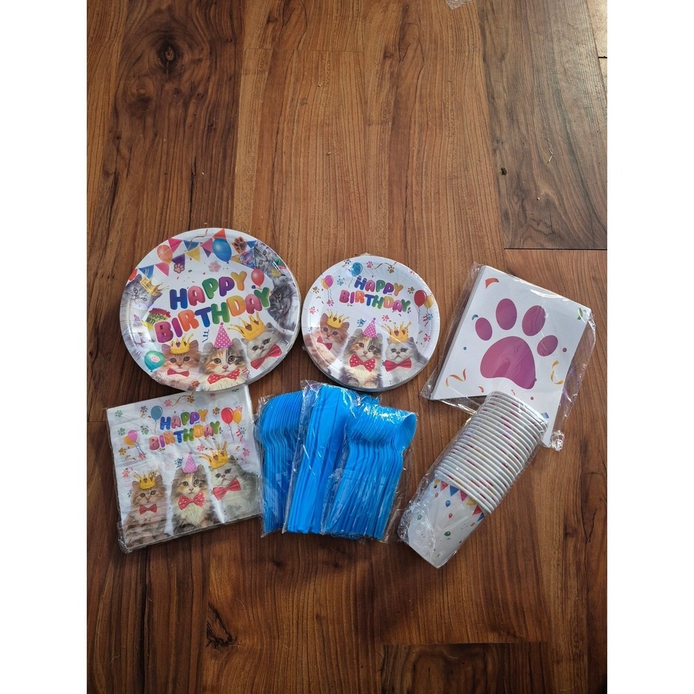 169 Pc Happy Birthday Cat Party Supply Kit Serves 24 Banner Cutlery Plates Cups